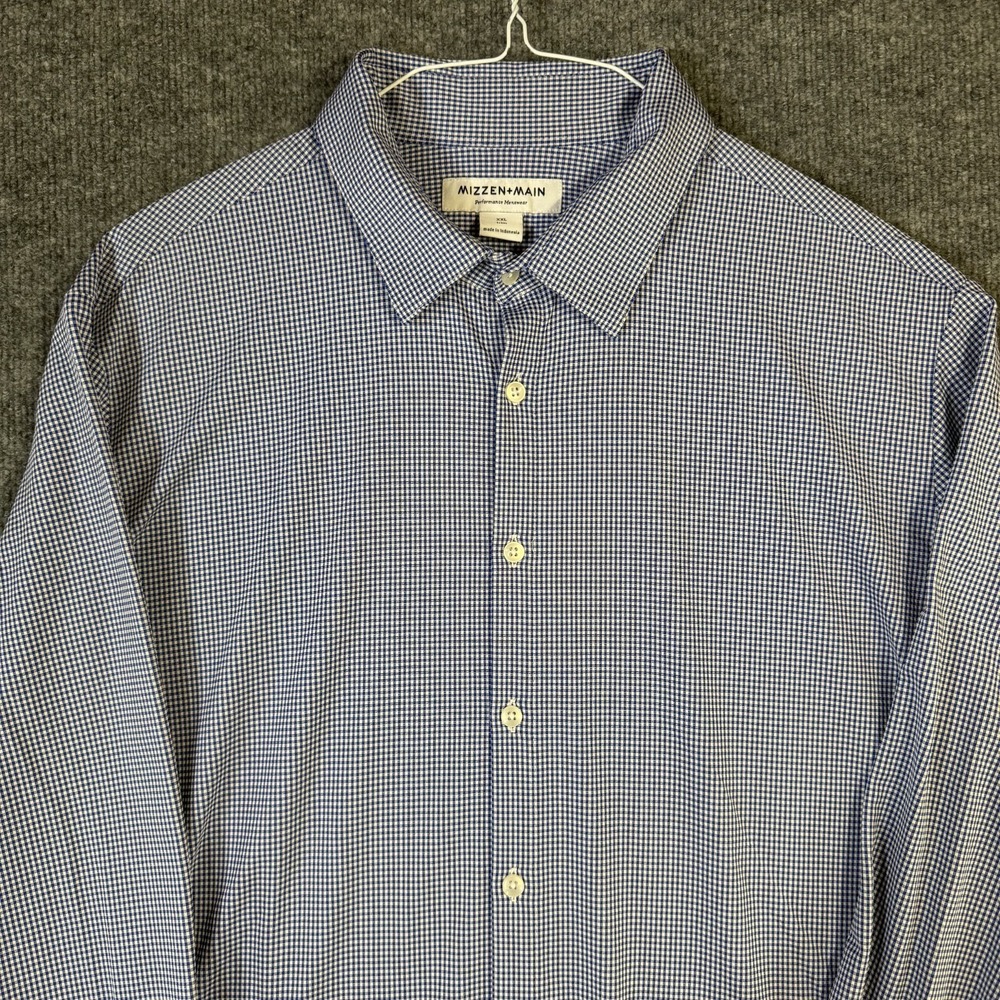 Mizzen Main Shirt Mens XXL Blue Check Button Up Trim Fit Performance Stretch